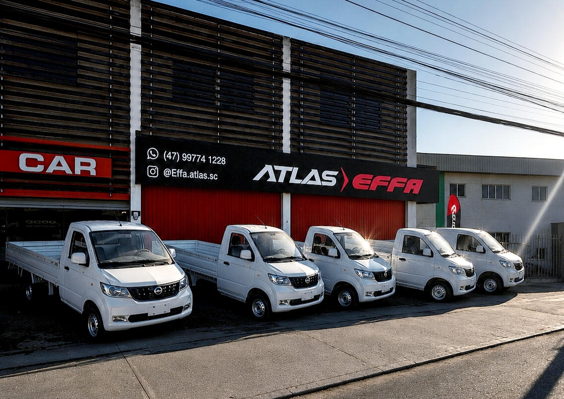Frota Effa branca estacionada na Atlas Motors em Itajaí